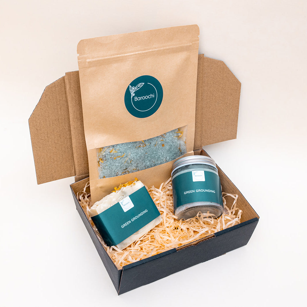 Green Grounding Gift Pack with soap, bath salts and body scrub